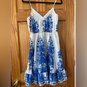 Blue White Paisley Print Sundress Boho Cottagecore Midi Dress Adjustable Straps